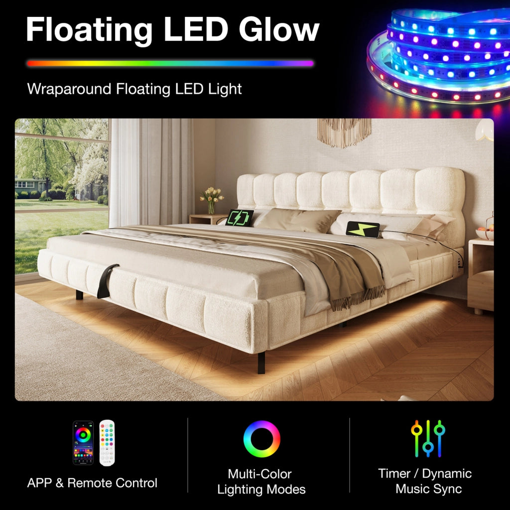 Letto matrimoniale contenitore 160x200 cm con LED e prese USB/Type-C in chenille beige
