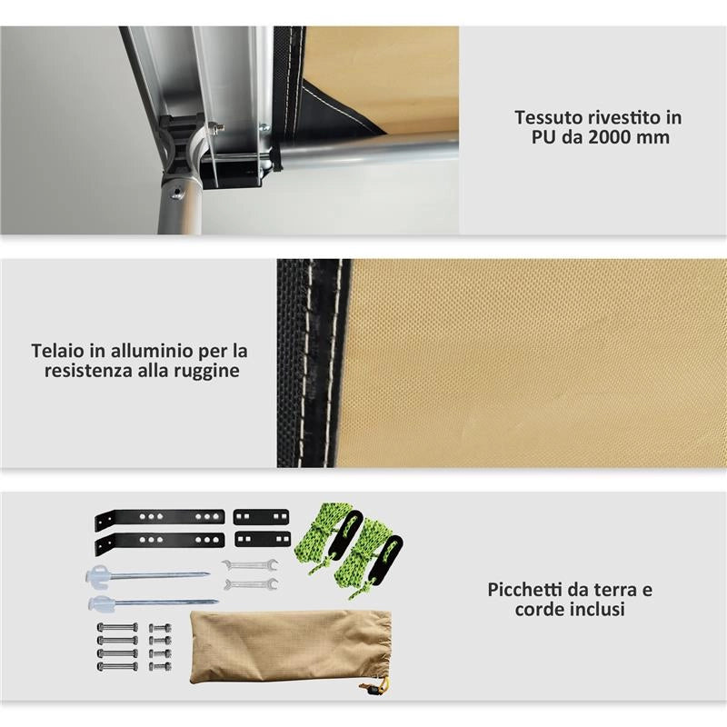 TENDALINO DA TETTO AUTO LATERALE E IMPERMEABILE CON ALTEZZA REGOLABILE, 2.5X1.6M, CACHI