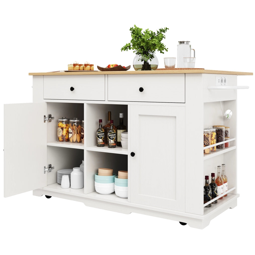 OKWISH Carrello da cucina con 2 cassetti e 6 vani, piano ribaltabile, prese e portaasciugamani, MDF, 151.5 x 59.7 x 91.7 cm, Bianco e Naturale