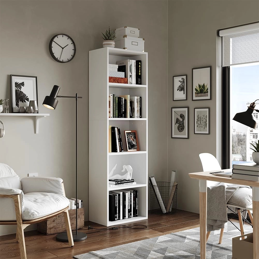 Scaffale Bob, Bianco, 40 x 132 cm con 5 scomparti, per la conservazione e la presentazione di libri e raccoglitori