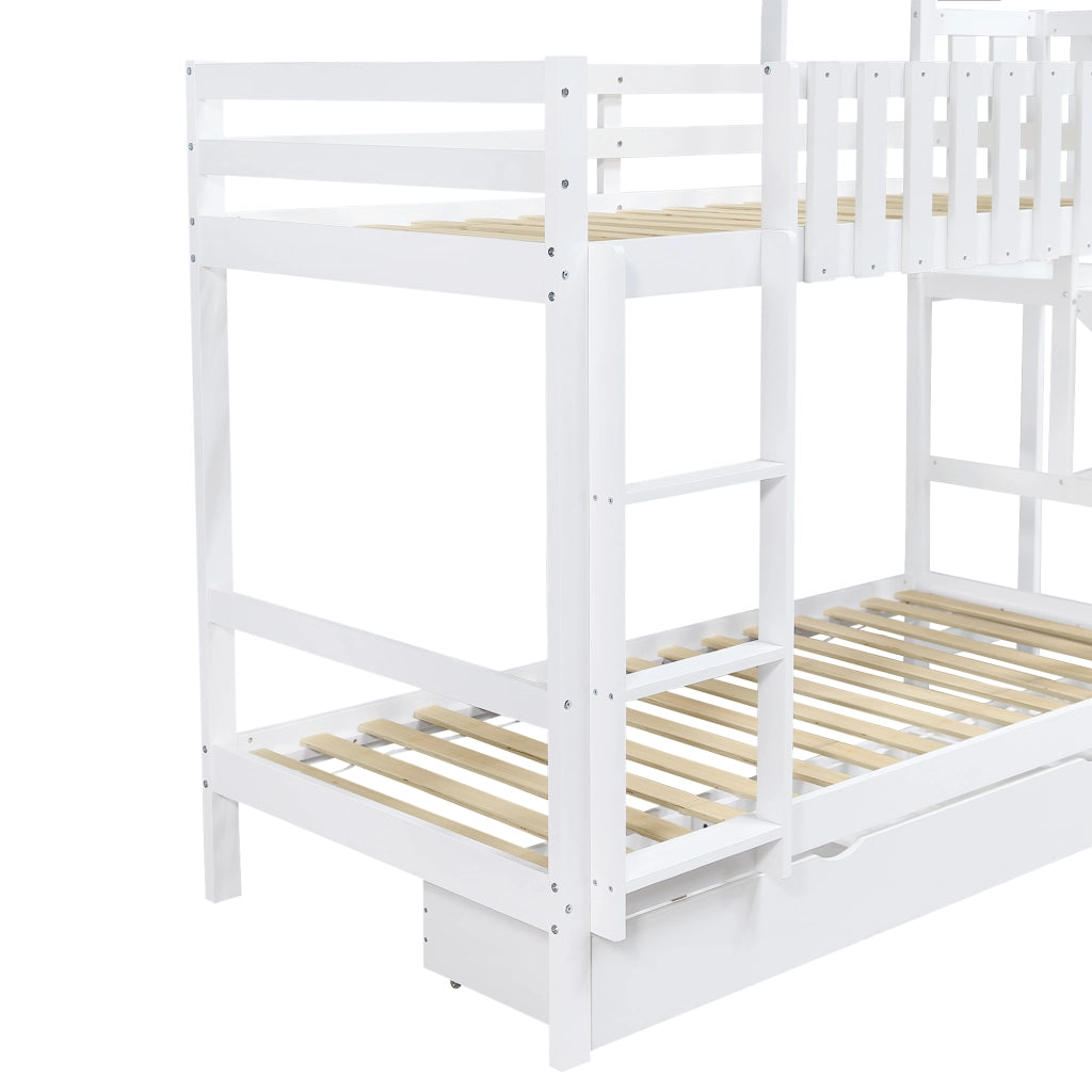 Letto a castello per bambini 90 × 200 cm con grande cassetto con ruote, scivolo, senza materasso, bianco