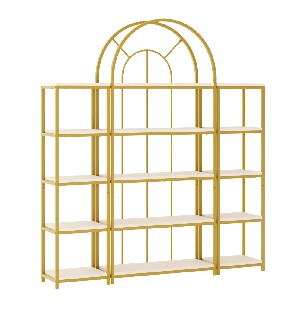 Libreria modulare 163x30x184 cm; 3 pezzi; metallo oro e MDF bianco