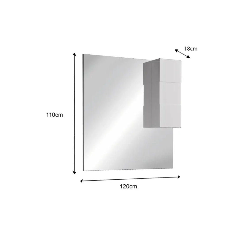 Specchio VITARIO – Design bianco lucido con contenitore – L120 x H110 x P18 cm