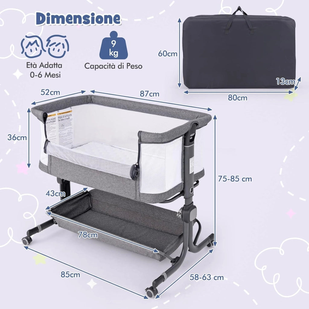 Culla Neonato con Matterasso, Culla Next to Me Piechevole con Altezza Regolabile a 6 Livelli, Lettino Bambino con Mensola Portaoggetti, Borsa da Trasporto, per Bambini 0-6 Mesi (Grigio Scuro)