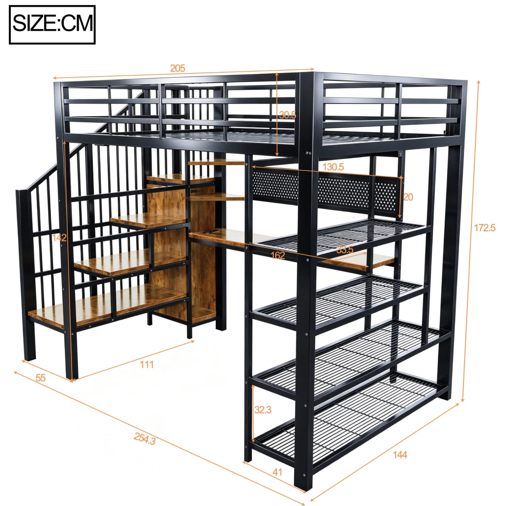 LETTO A SOPPALCO 140x200 cm Nero in metallo e legno con scala contenitore