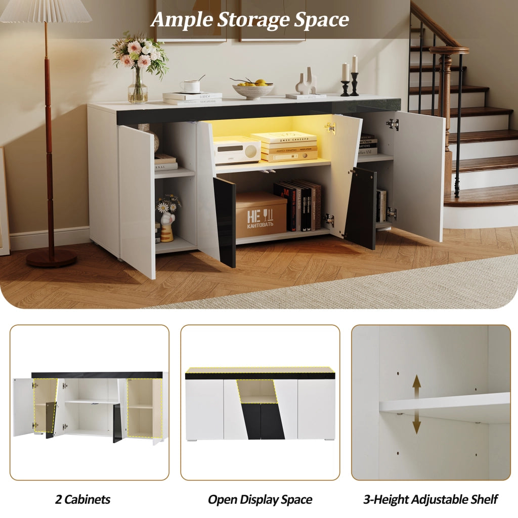 Credenza soggiorno moderna mobile contenitore 4 ante bianco e nero con LED