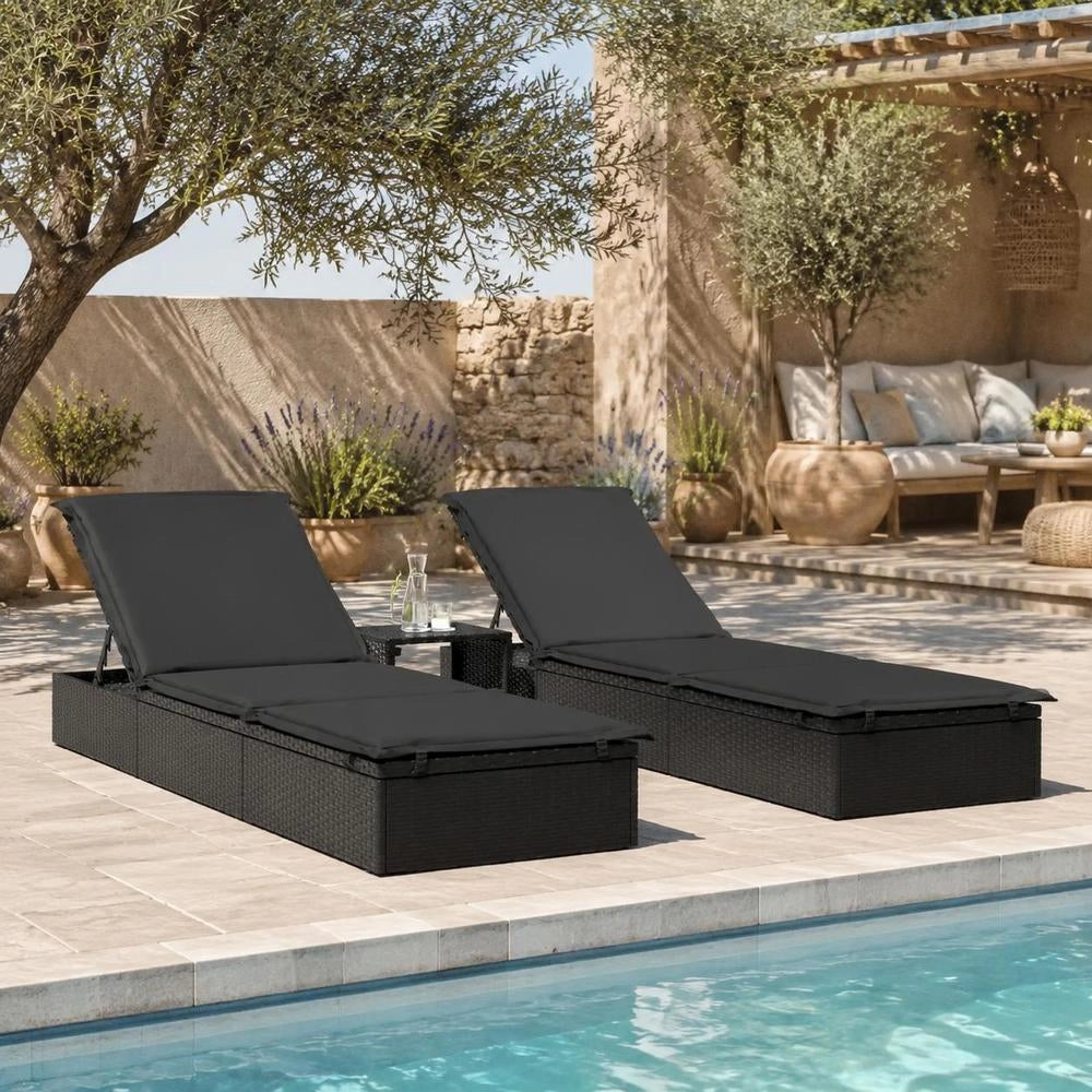 Sun Loungers (2 Pieces) With Table, Black Poly Rattan