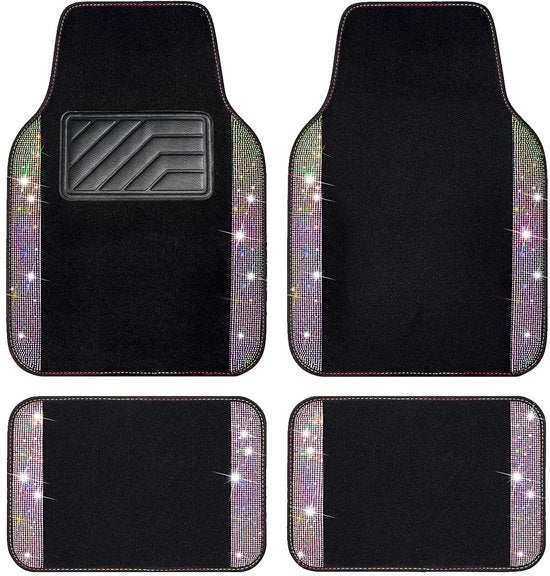 Pavimenti auto con cristalli brillanti e lucenti, pavimenti auto universali con tappetini antiscivolo in PVC per SUV, sedan e furgone, 4 pezzi, colore multicolore