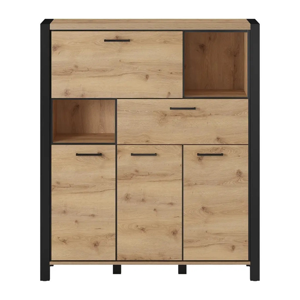 Credenza 4 porte e 1 cassetto collezione TIVORA. Colore quercia e nero. LED inclusi.