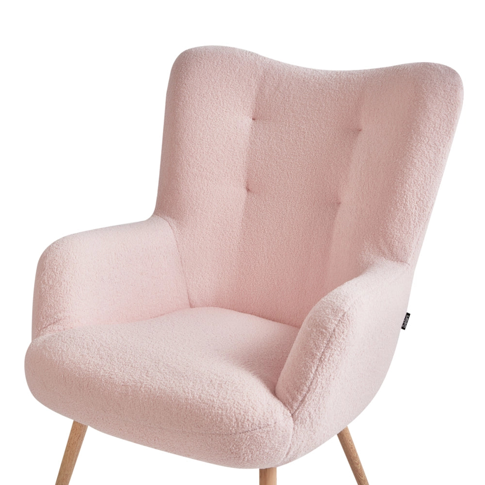 Sedia Wingback con ottomana Tessuto boucle rosa pastello con bottoni e motivo a tinta unita Stile retrò per il soggiorno