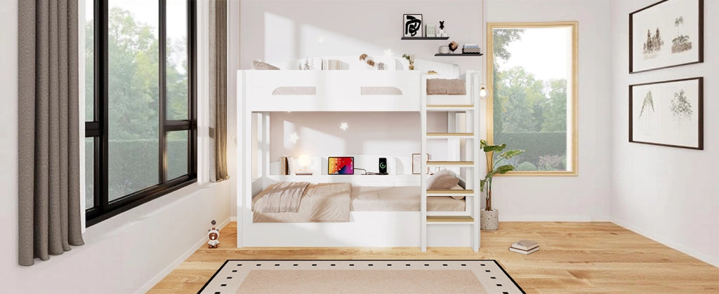 Letto a castello in legno bianco 90x200 con presa USB e mensole