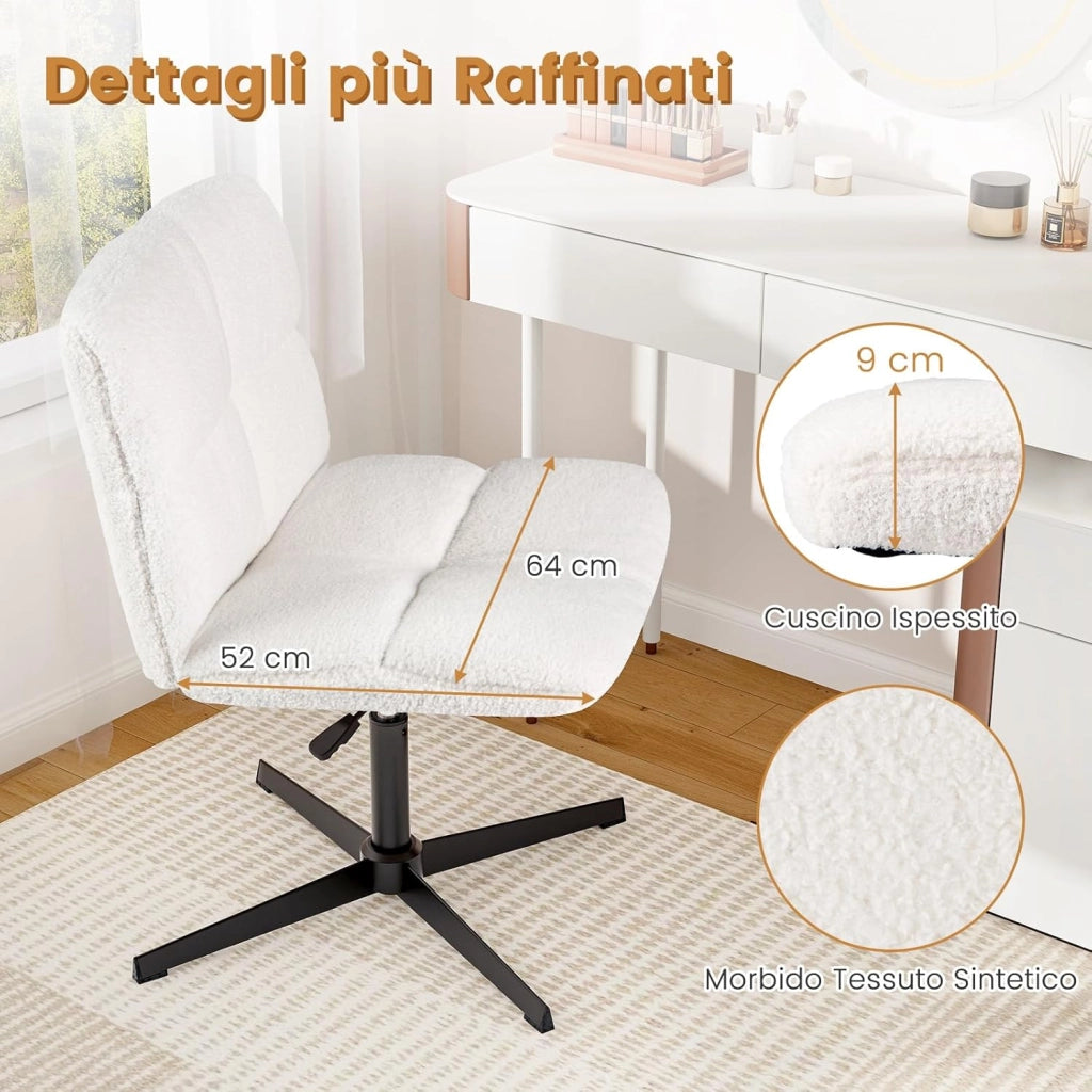 Sedia da Ufficio senza Braccioli, Sedia da Scrivania a Gambe Incrociate con Altezza Regolabile, Rotazione a 360°, Tessuto Morbido, Ampia Seduta Imbottita, Portata 160 kg (Bianco)