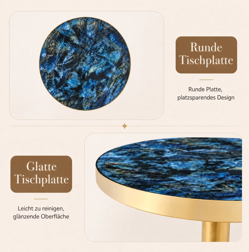 Tavolino rotondo blu effetto marmo, MDF e metallo