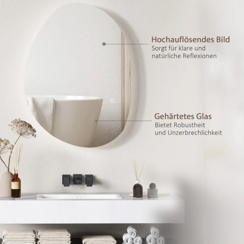 Specchio bagno asimmetrico LED con antiappannamento, argento
