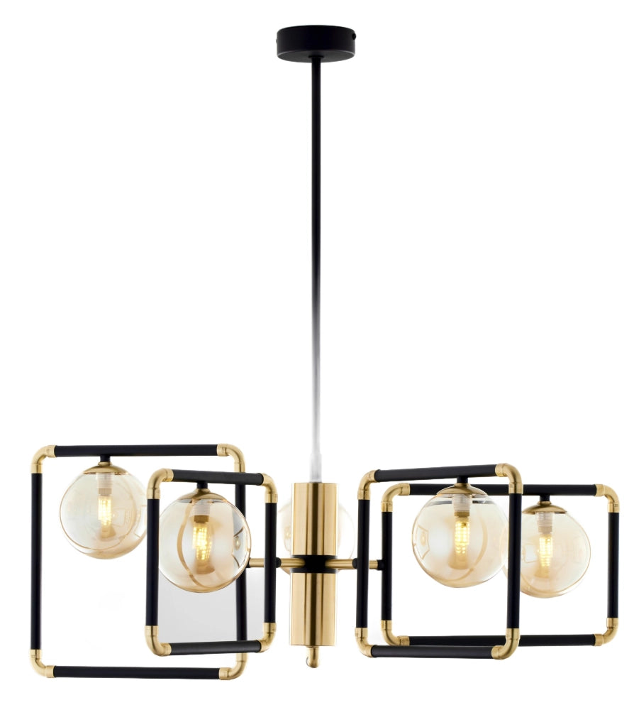 Lampadario moderno nero oro vetro ambra 5xG9 Jupiter