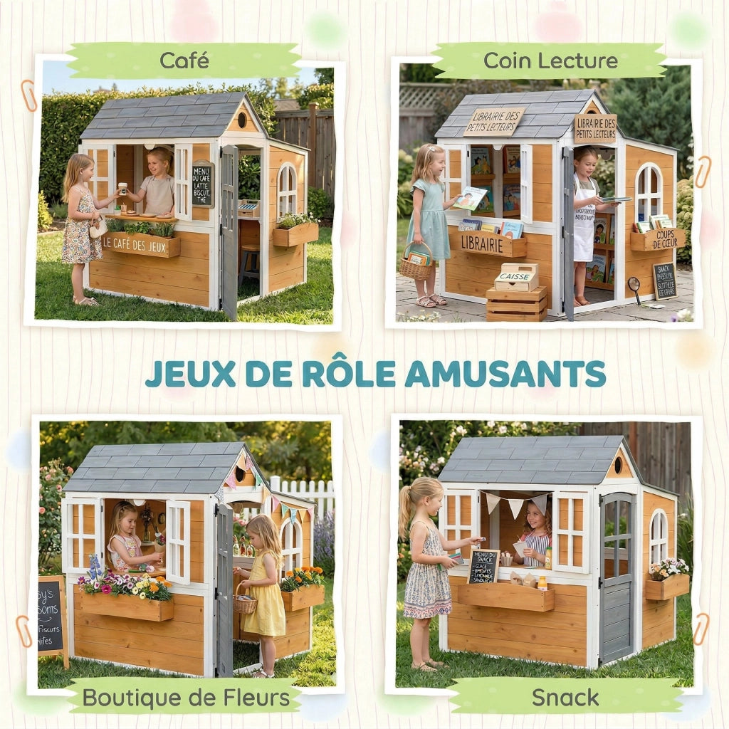Casetta per bambini in legno per esterno ¨C zephmum ¨C con porta, finestre e 3 vasi, gialla
