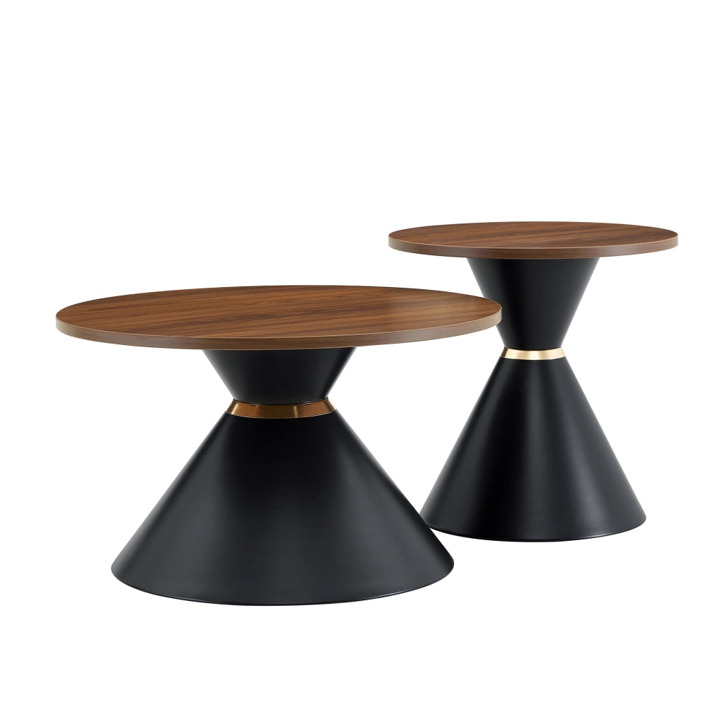 Set di 2 tavolini rotondi a cono; ?70 e ?50 cm; melamina effetto noce e metallo nero