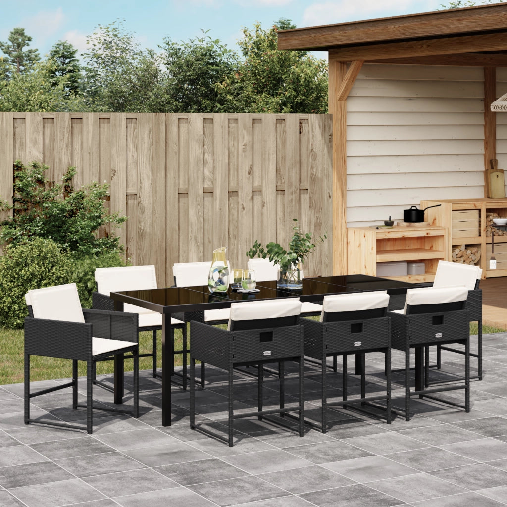 Set da Pranzo in 9 Pezzi con Cuscini - Rattan Polietilenico Nero