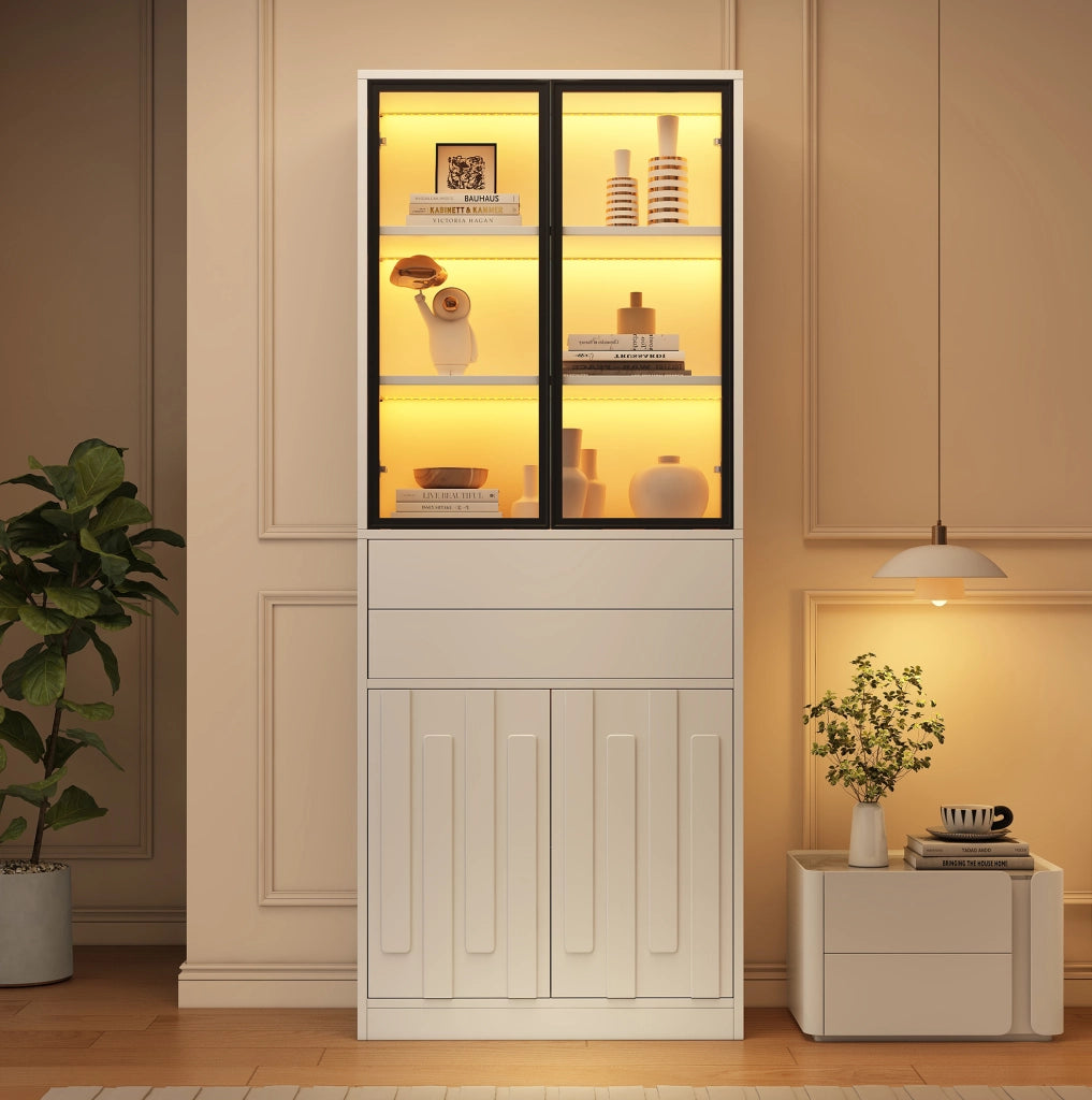 Vetrina alta ULEVR 70x34x180 cm con 4 ante, 2 cassetti, LED Bluetooth e ripiano regolabile, bianca