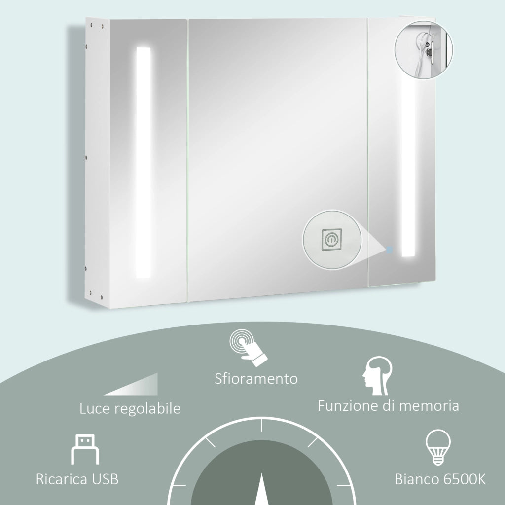 Armadietto Specchio da Bagno con Luce LED ¨C zephmum ¨C Bianco, 90x15x65 cm