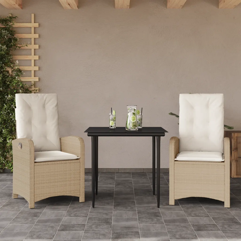 Set da Pranzo da Giardino 3 pz | Set Salotto da Giardino con Cuscini Beige in Polyrattan