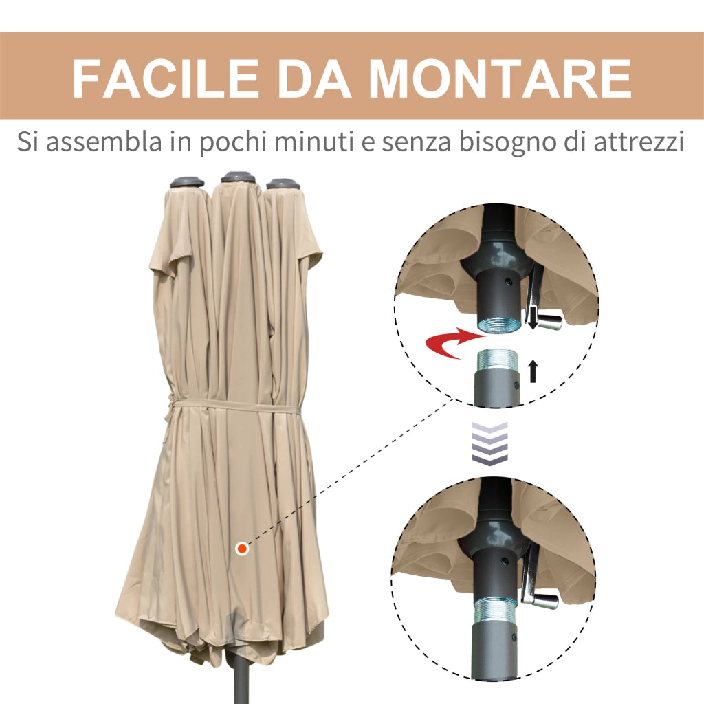 EasyComfort Ombrellone da Giardino Doppio 460x270cm, Ombrellone da Esterno con Apertura a Manovella, Base a Croce e Zavorra, Acciaio e Poliestere Khaki
