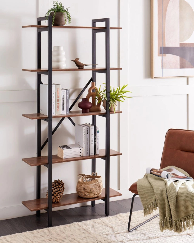 Libreria industriale aperta a 5 livelli in legno scuro e struttura in metallo nero Piedini Regolabili stile moderno