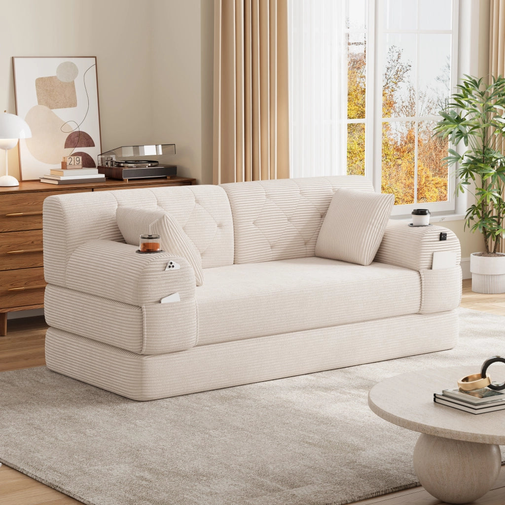 Divano letto 2 posti con schienale alto; 4 tasche e 2 portabicchieri in tessuto a coste beige