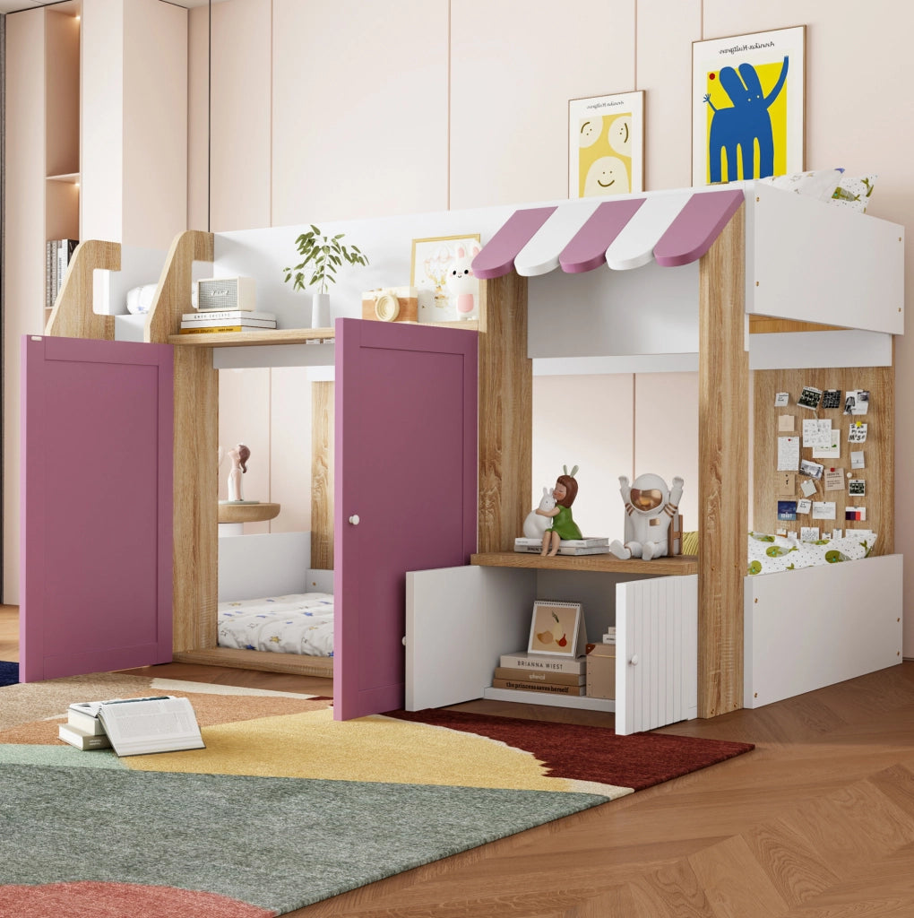 Letto a soppalco 90x200 cm con scala e vano contenitore in legno bianco e rosa