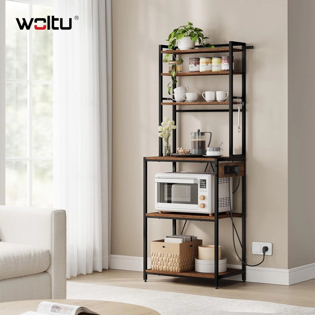 Scaffale da Cucina a 6 Livelli con Prese di Corrente, Scaffale per Microonde con Struttura in Metallo e Piano di Lavoro Aperto, Nero+Marrone Rustico, 60x39,5x167cm