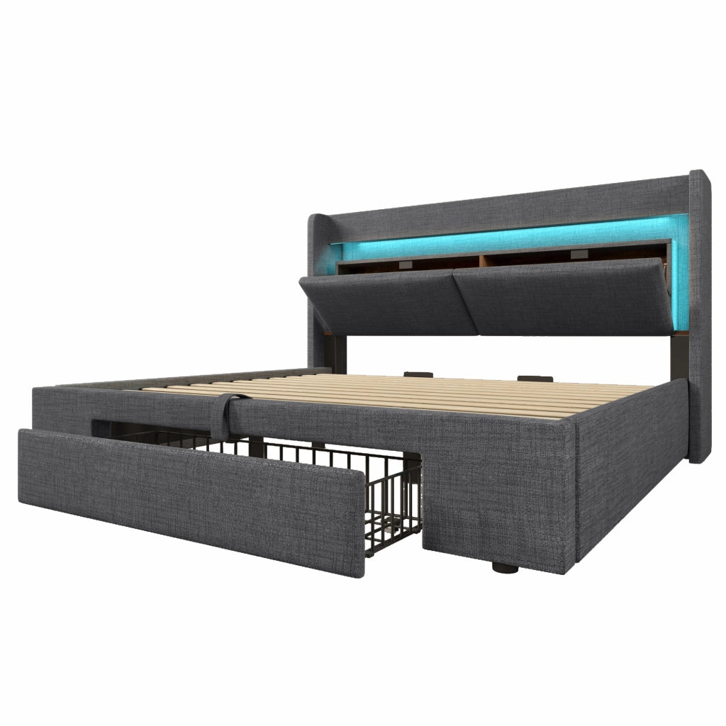 Letti contenitori 180x200 cm con contenitore idraulico; testiera con USB e USB-C; lino grigio (Senza materasso)