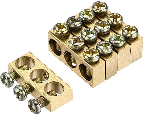 Set di 5 morsetti di terra in ottone con blocco a vite per distribuzione elettrica - 3 posizioni, 25 mm x 5,7 mm x 10 mm