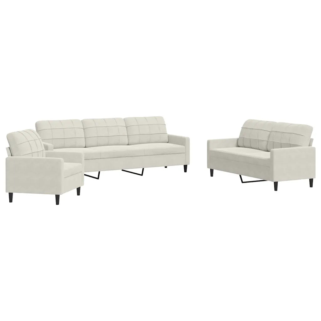 Set di Divani 3 pz con Cuscini Crema in Velluto