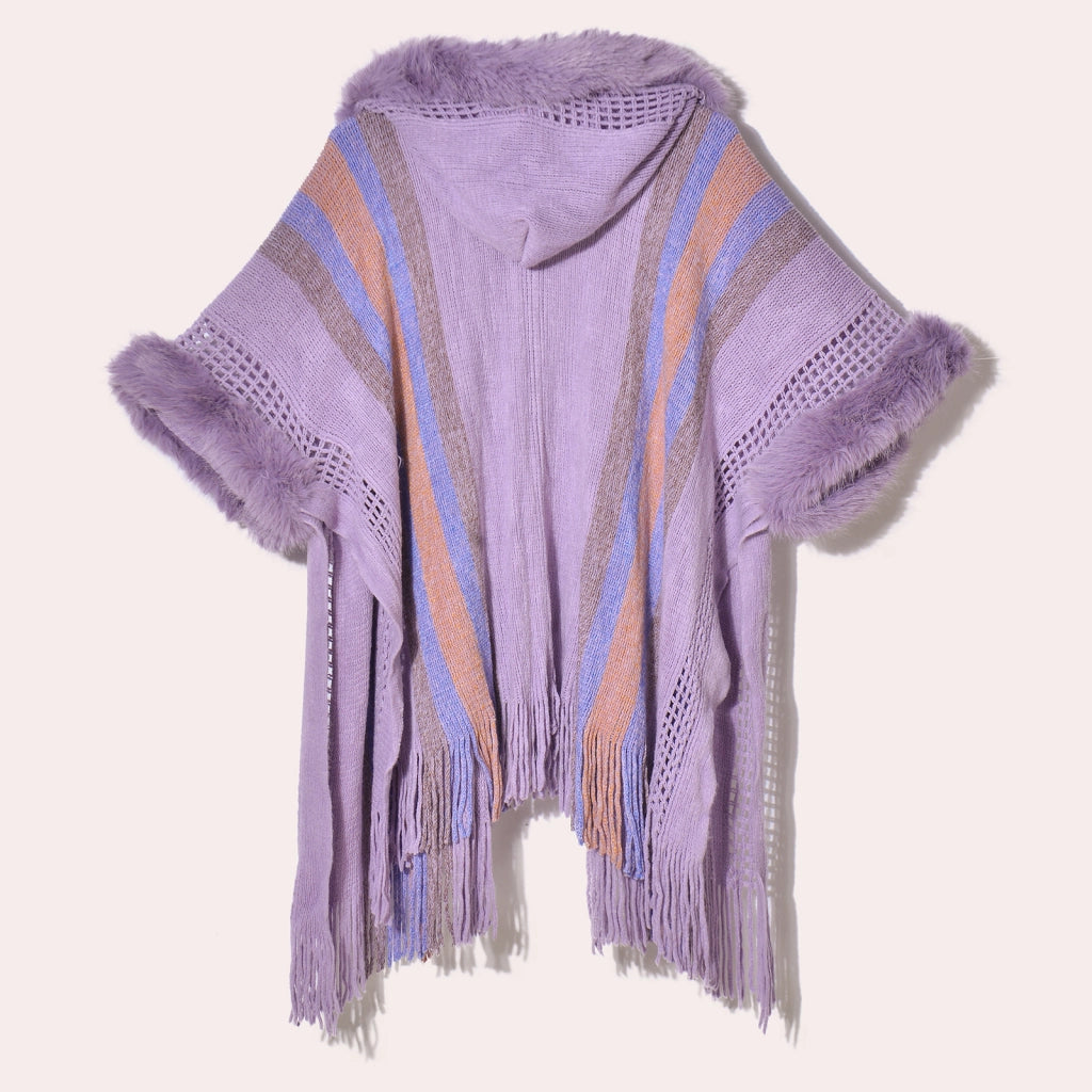 Nuovo maglione/scialle da donna con cappuccio e collo in pelliccia sintetica