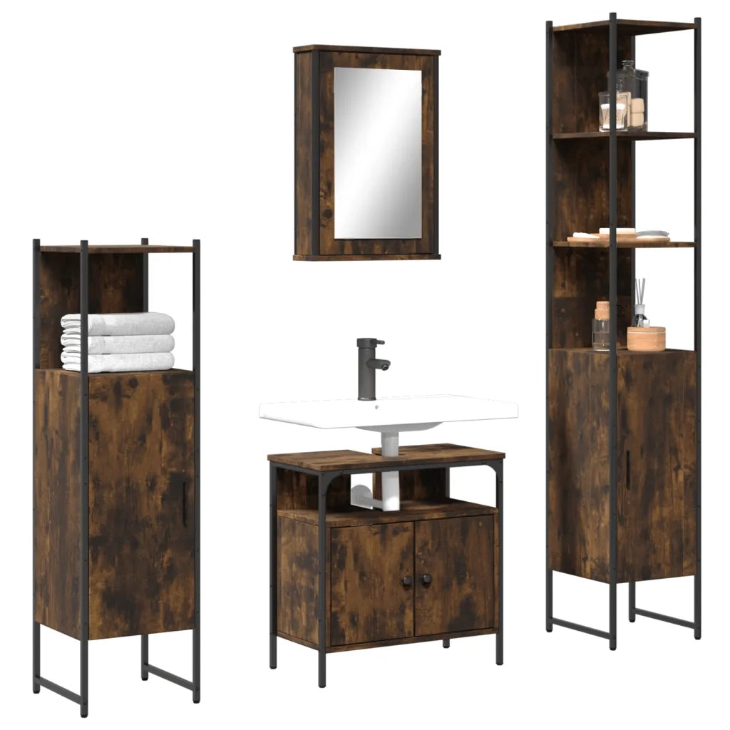 Set Mobili da Bagno | Armadio da bagno 4 pz Rovere Fumo in Legno Multistrato