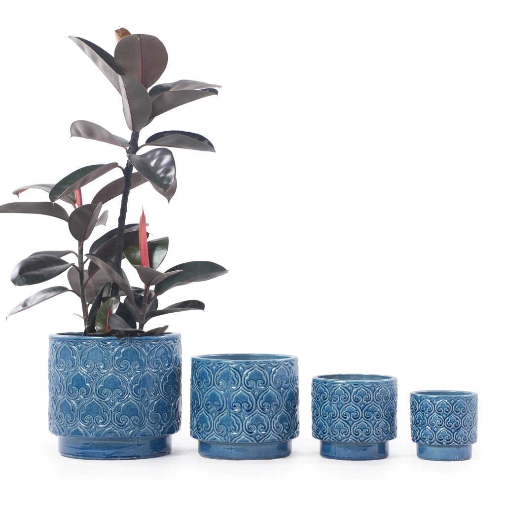 VASO in ceramica Ø 31,5 cm Blu lucido con rilievo floreale