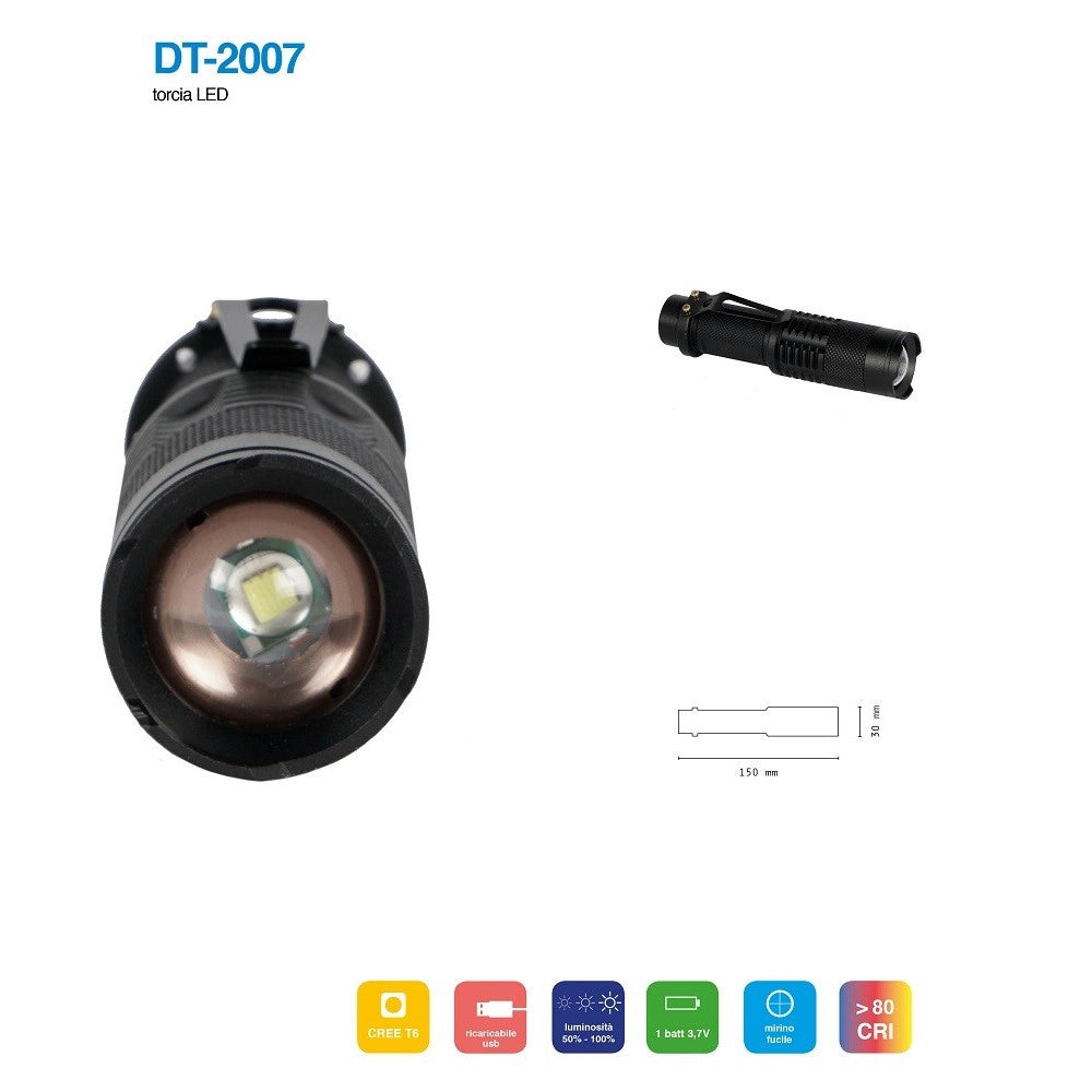 Trade Shop - Torcia Led Cree T6 Batteria Ricaricabile Usb Auto Luminosita' Regolabile Dt-2007 -