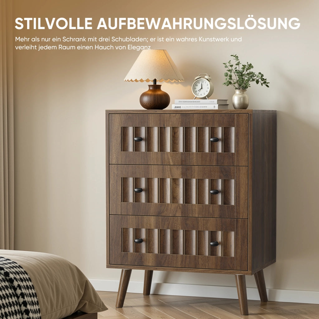Comò a 3 cassetti con maniglie in metallo e frontali scanalati, per camera da letto e soggiorno, 60 × 40 × 79 cm