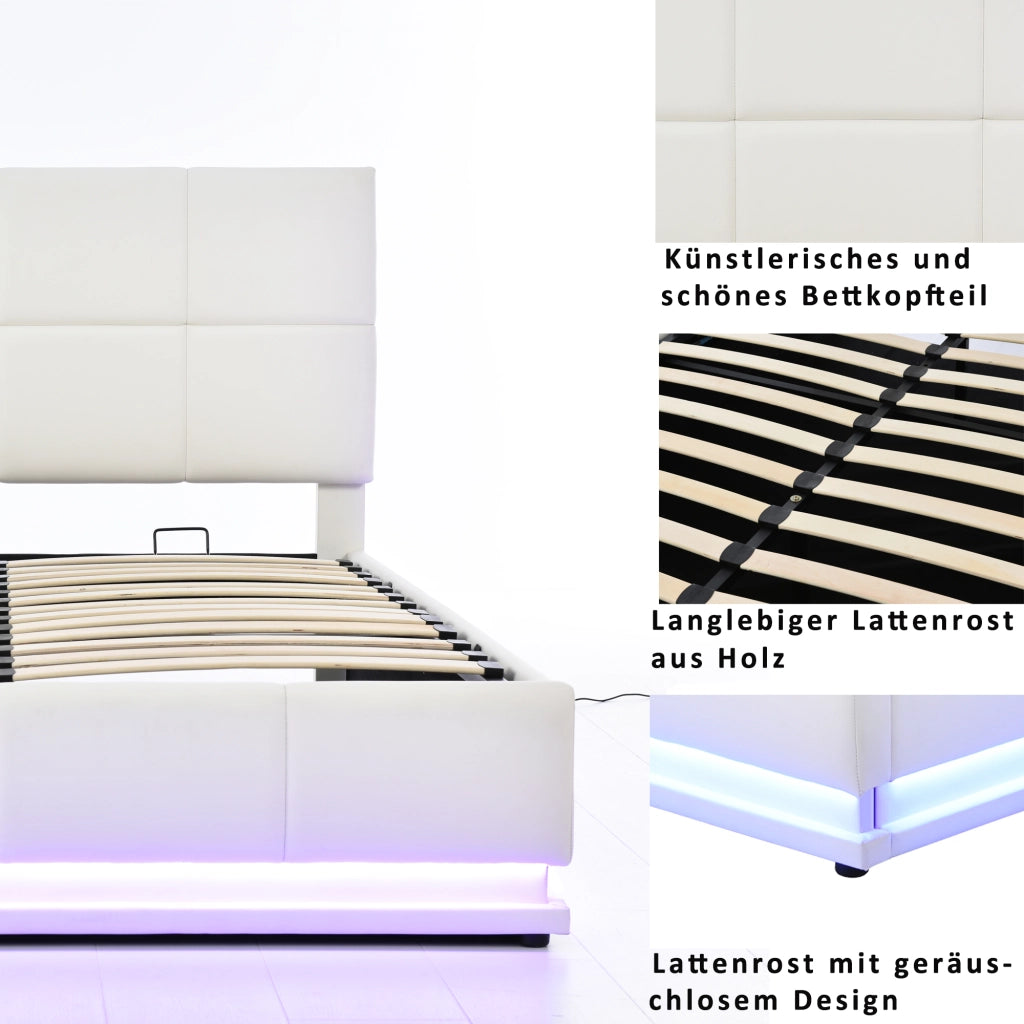 Letto contenitore matrimoniale 160 × 200 cm con LED et vano contenitore idraulico, senza materasso, in ecopelle, bianco