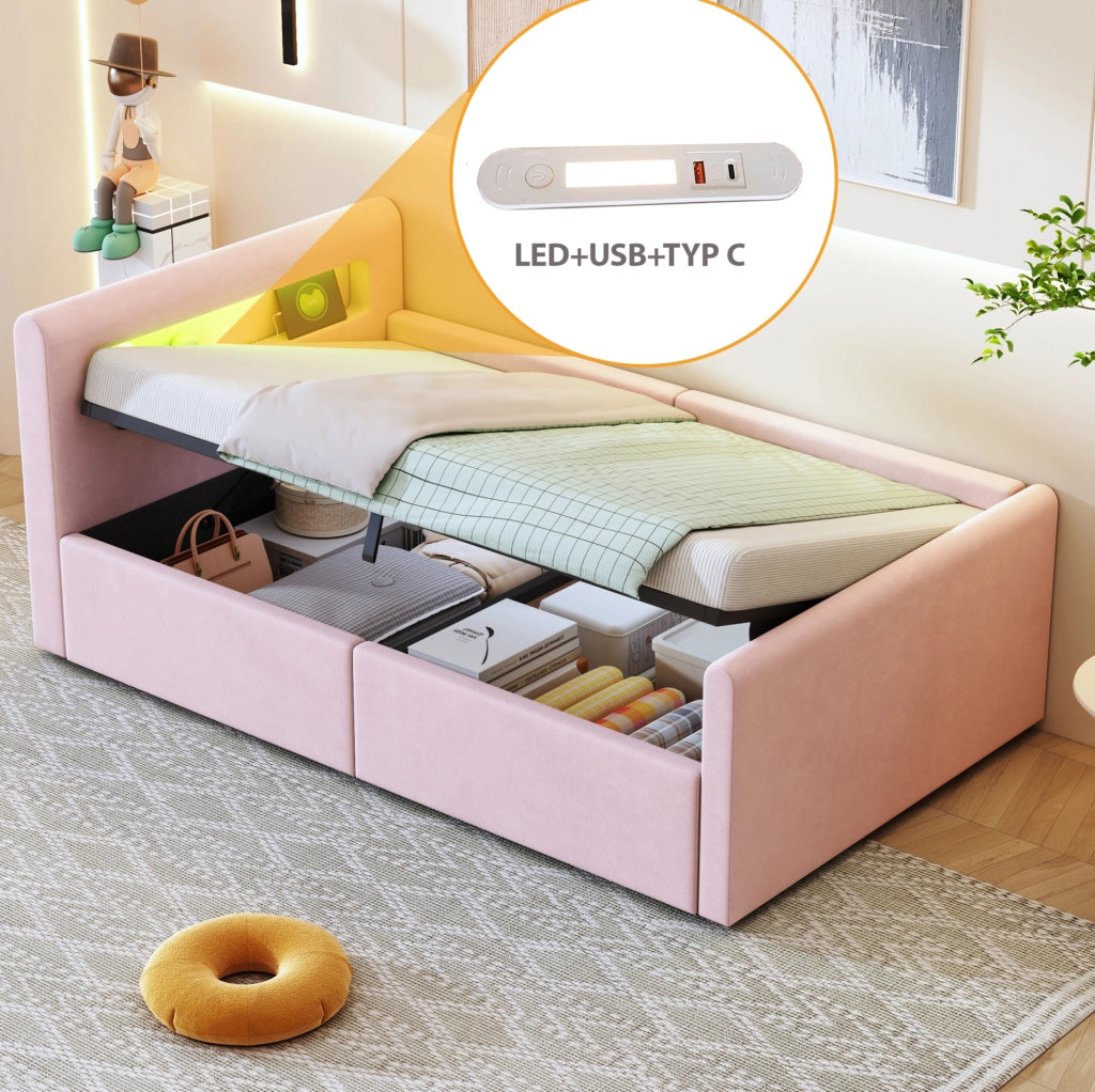 Letto imbottito ULEVR 90x200 cm rosa con contenitore idraulico, LED, luce notturna e USB