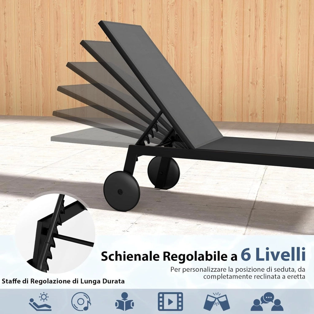 Lettino Prendisole da Giardino, Sdraio da Patio con Schienale Regolabile a 6 Posizioni, Tessuto Traspirante, 2 Ruote, per Piscina, Terrazza e Giardino, Portata 150 kg (Grigio,1)