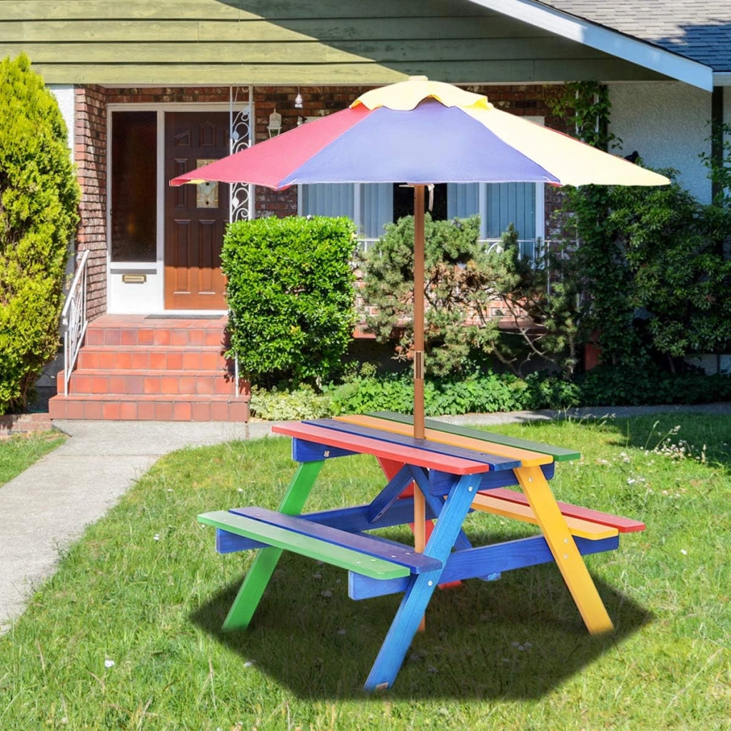 Set con Tavolo Picnic di Legno e Ombrellone per Bambini, Tavolo e Panchina con 4 Posti e Ombrellone Pieghevoli, Tavolo e Sedie Multiuso per Esterno Giardino Cortile (Modello 5)