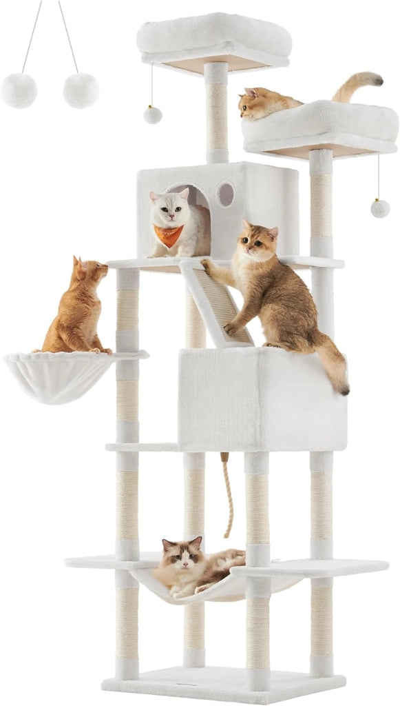 Feandrea Albero per Gatti, Alto 168 cm, Tiragraffi per Gatti con 13 Graffiatoi, 2 Posatoi, 2 Grotte, Cesto, Amaca, Pompon, in Peluche a Più Livelli per Interno, Beige PCT165M01V1