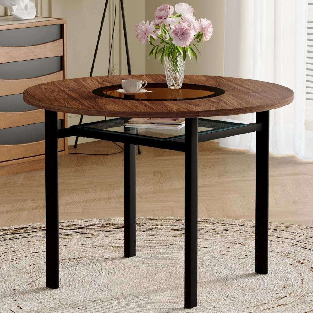 Tavolo da pranzo rotondo con piano in MDF e inserto in vetro, per 4-6 persone, per sala da pranzo, 100 cm
