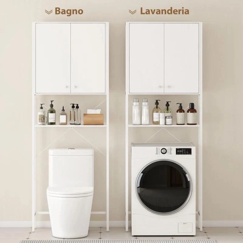 MOBILE BAGNO SOPRA WC E LAVATRICE CON ARMADIETTO E RIPIANO APERTO, 64X20X180 CM, BIANCO