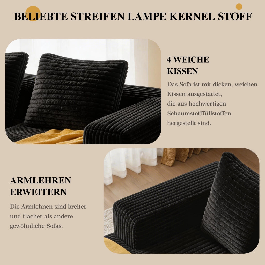 Divano angolare modulare reversibile con chaise e seduta profonda in velluto a coste nero 261 × 168 × 58 cm