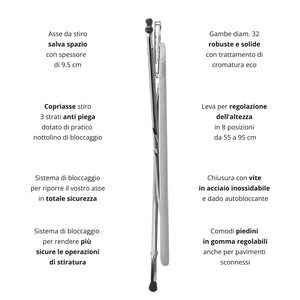 Asse da Stiro Luxor Plus 123x48 cm Area Ignifuga Salvaspazio Altezza Regolabile Gambe Triple