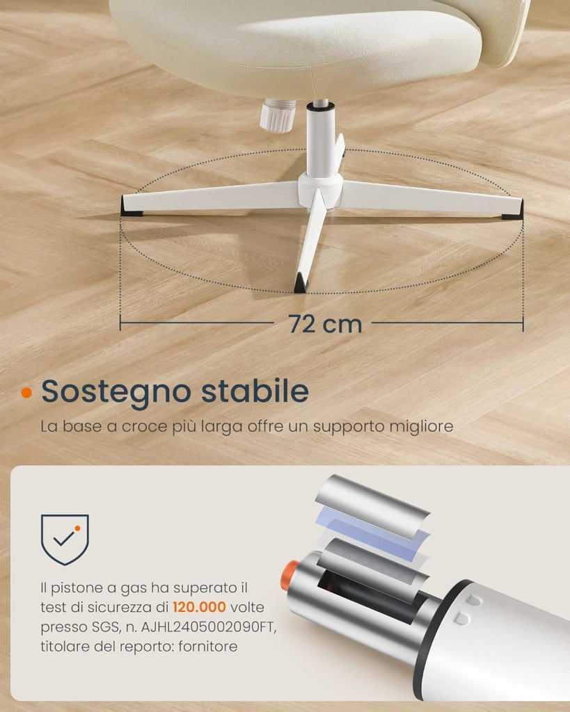 Sedia da Ufficio, Sedia da Studio Girevole, Stile Contemporaneo con Base a Croce, Seduta Ampia e Confortevole, Altezza Regolabile, Tessuto Cotone-lino, Bianco Crema OBG046W01