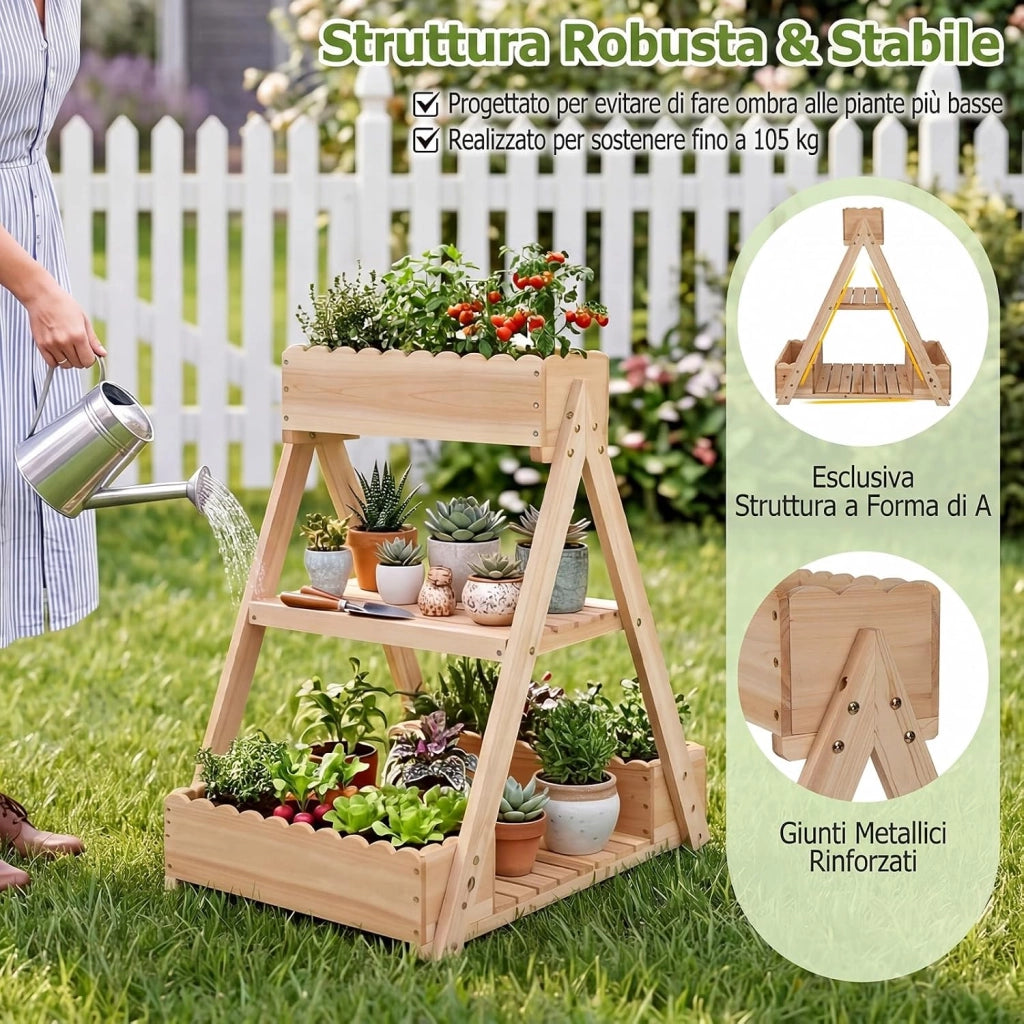Orto Rialzato da Giardino a 3 Livelli, Fioriera Rialzata in Legno Massello con 3 Vasi e 2 Ripiani, Fioriere Verticali a Scale da Esterno e Interno per Balcone e Terrazza, 66 x 58 x 60 cm