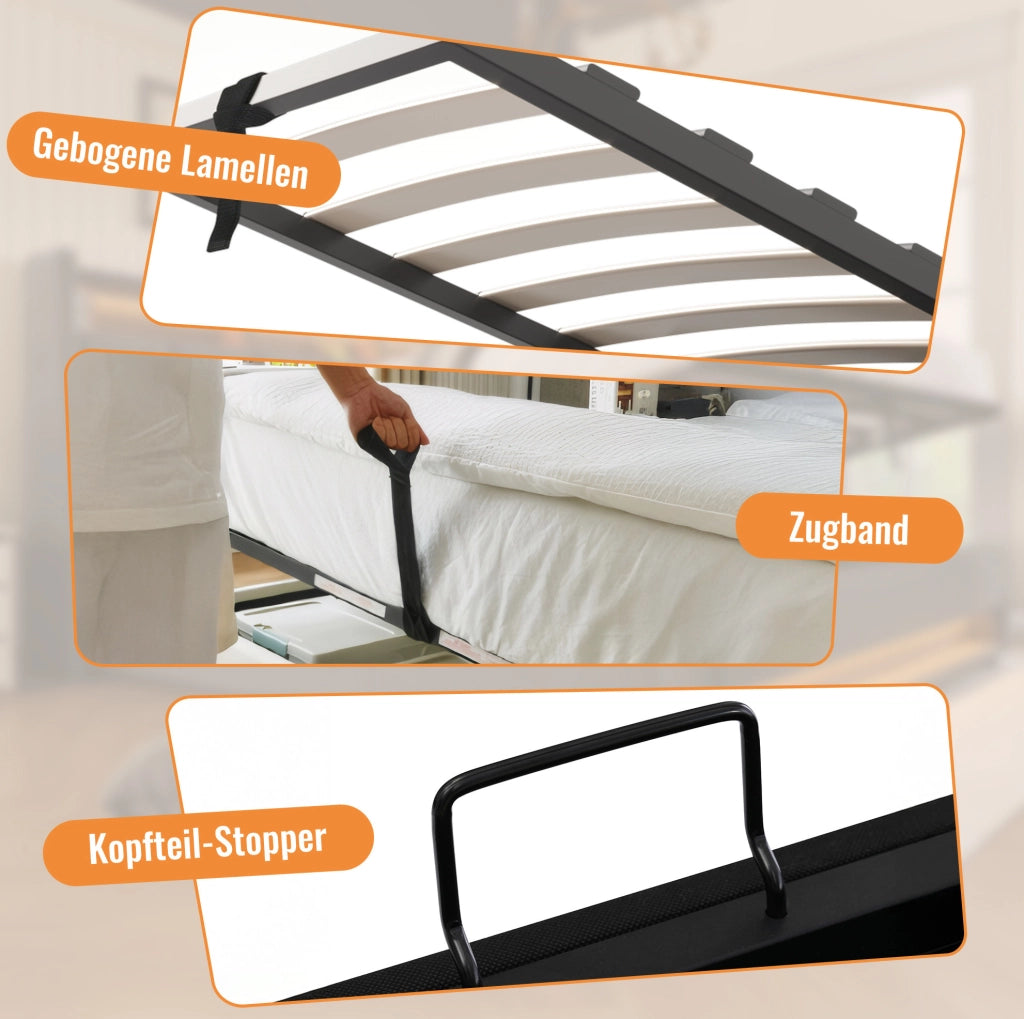 Letto singolo imbottito 90x200 cm con ricarica USB-C, grigio